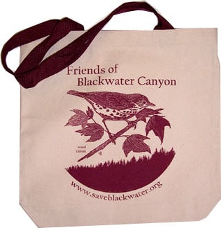 a Friends of Blackwater tote bag with a picture of a wood thrush on it